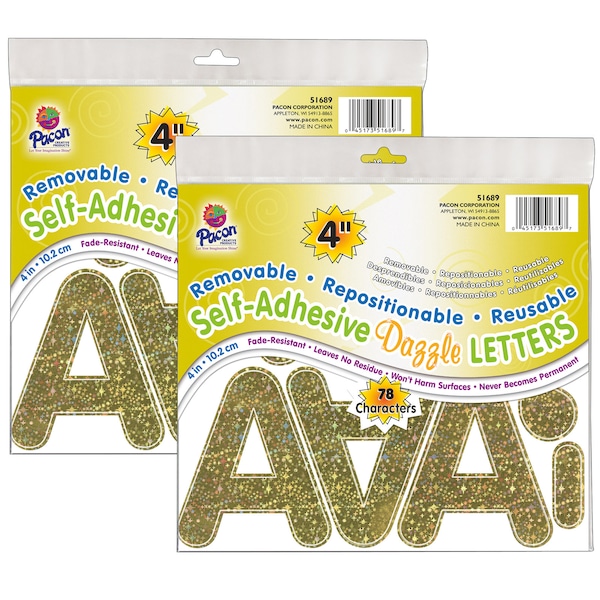 Self-Adhesive Letters, Gold Dazzle, Puffy Font, 4in, 78 Count, PK2